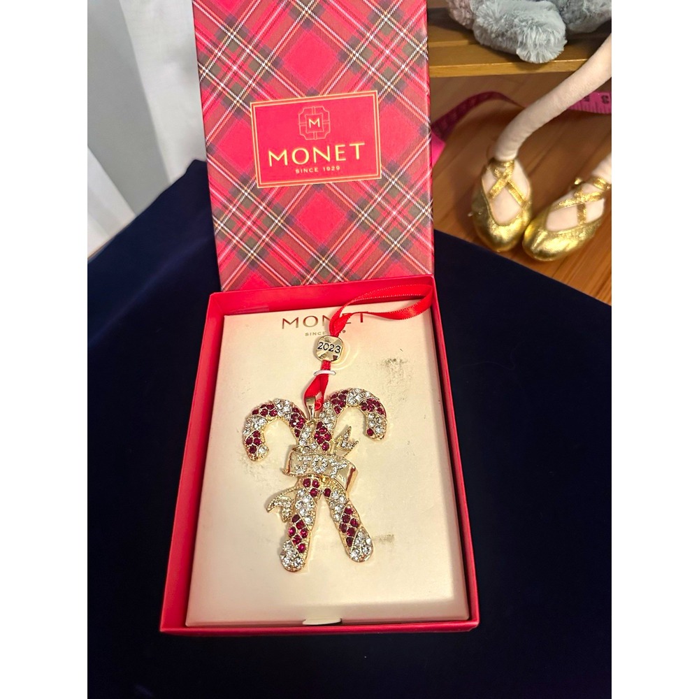 Monet 2023 Rhinestone Candy Cane Christmas Ornament Red/Silver Hanging 3in